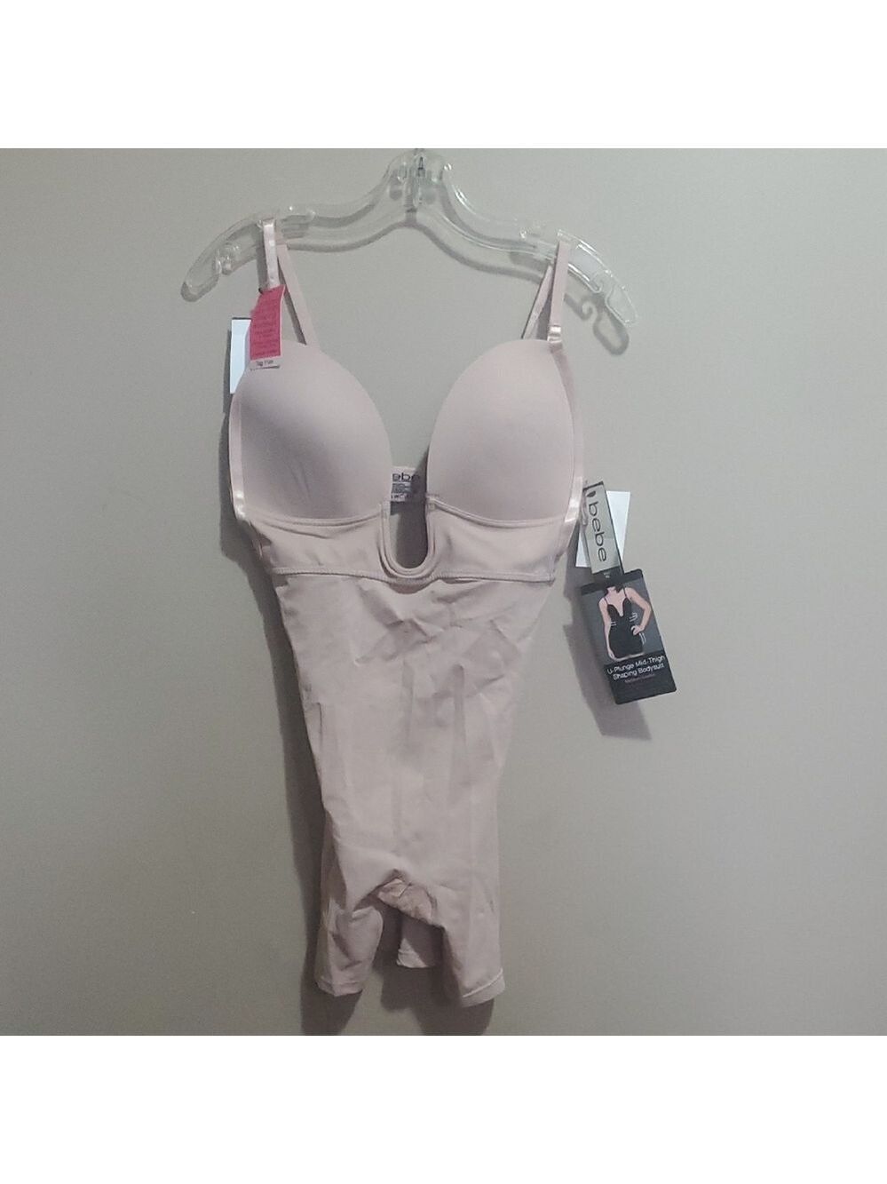 bebe U Plunge Women's Mid Thigh Shaping  Bodysuit in Cream Size XL